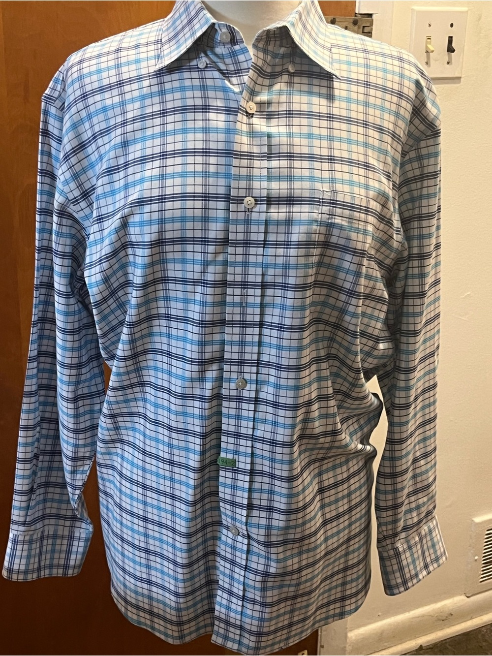 Lands' End Men's Supima No Iron Oxford Shirt White/Blue Check Pattern. Size 16
